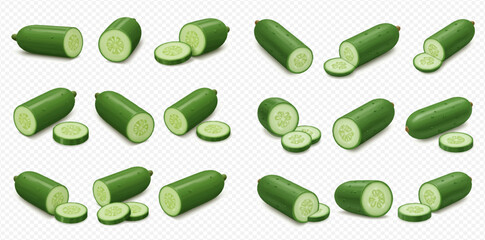 A collection of fresh green cucumbers, some whole and others cut into round slices, displayed on a transparent background.