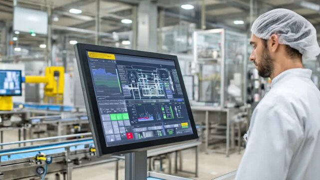 Factory Monitor Oversight: An industrial scene with a worker focused on the monitor screen. It shows a dynamic display.