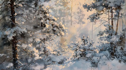 A painting of a snowy forest with trees covered in snow and light shining through the branches softly