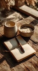 Rustic still life of candle, bowl, journal, pen