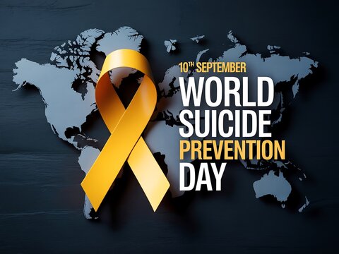 World suicide prevention day awareness with a yellow ribbon and global map background - Powered by Adobe
