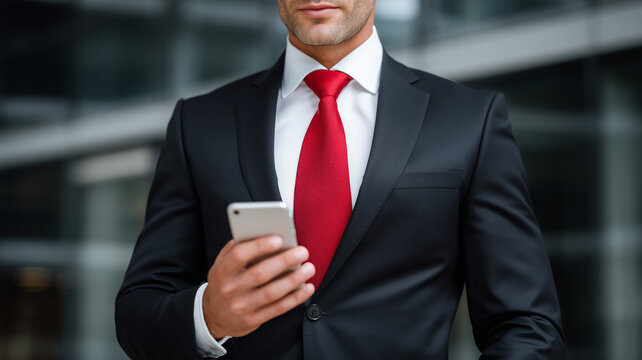 Executive using a smartphone outside an office building representing communication decision making and agile leadership in a seamlessly connected business world
