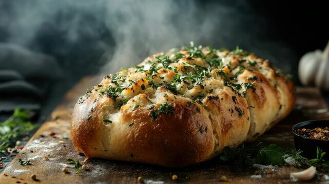 Freshly baked garlic bread garnished with herbs on wooden board