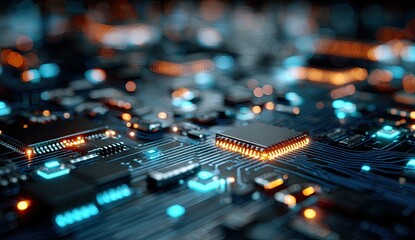 Close-up of illuminated circuit board with processors