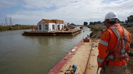 Detailed medium shot capturing technician operating amphibious foundation system bungalow rising steadily in foreground with outoffocus floodplain and vegetation beyond.