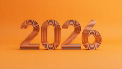 A 3D rendering of the numeral 2026 in a modern grooved font with sharp lines and sleek edges, prominently displayed on a vibrant orange background  ai generative