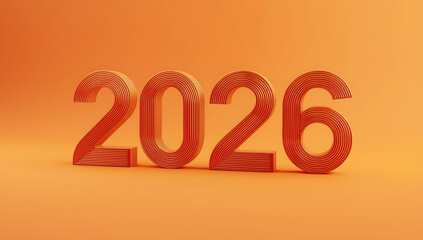 A 3D rendering of the numeral 2026 in a modern grooved font with sharp lines and sleek edges, prominently displayed on a vibrant orange background  ai generative