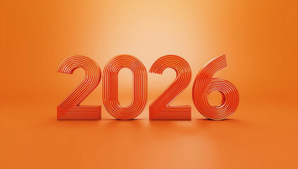 A 3D rendering of the numeral 2026 in a modern grooved font with sharp lines and sleek edges, prominently displayed on a vibrant orange background  ai generative