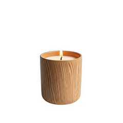 A lit scented candle in a textured woodenlike container, isolated on a transparent background