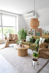 Interior of light living room with green sofa, armchairs and houseplants