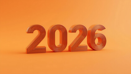 A 3D rendering of the numeral 2026 in a modern grooved font with sharp lines and sleek edges, prominently displayed on a vibrant orange background  ai generative