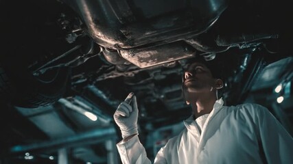 Precision in Maintenance: A focused automotive technician examines the undercarriage of a vehicle, emphasizing meticulous detail in his approach and expertise in servicing automobiles.
