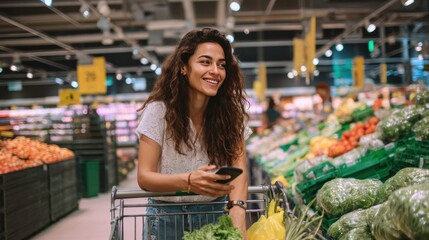 A woman shopping in a supermarket, smiling and leaning on a cart. The scene showcases a vibrant display of fresh produce and a touch of modern convenience with the phone