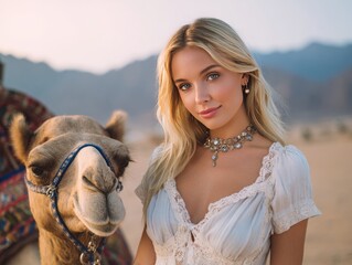 Blonde woman wearing jewelry posing with camel in desert