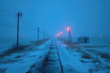A desolate, snow-covered railway track vanishes into a twilight fog