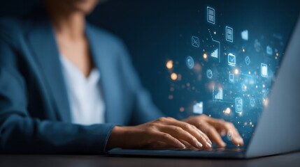 A professional woman is working on a laptop with digital data streams floating, symbolizing innovation and technology 