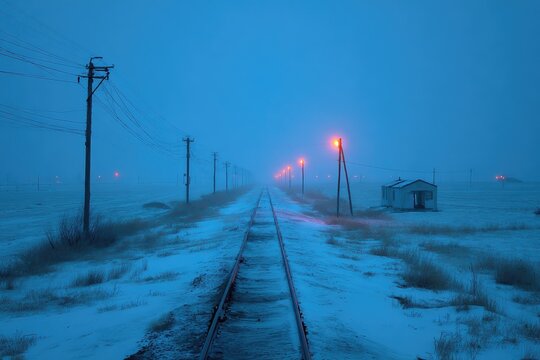 A desolate, snow-covered railway track vanishes into a twilight fog - Powered by Adobe