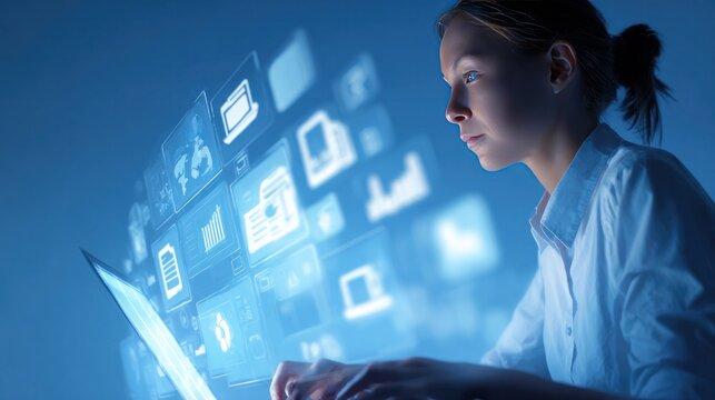 A woman working on a laptop surrounded by glowing digital icons, immersed in technology and innovation. A scene depicting modern workspace