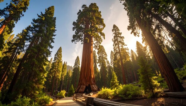 Giant sequoia tree towering over a forest path at golden hour - Powered by Adobe