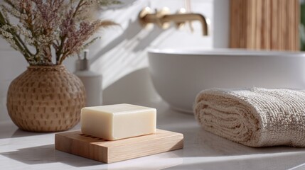 A bathroom interior with a soap, towel, and decorative vase, evokes a sense of comfort and relaxation. The arrangement includes a bar of soap placed on a wooden holder, a folded towel.