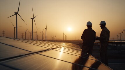 Two engineers discussing at a solar panel farm in front of wind turbines during sunset.  A scene illustrating the potential of renewable energy.