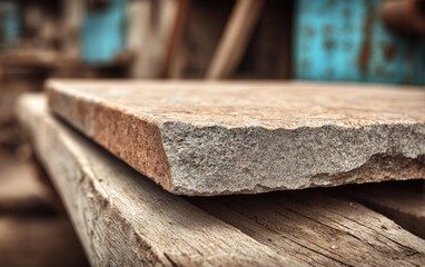 Rough-hewn stone slab rests on weathered wood