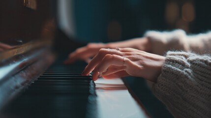 A person's hands playing the piano with grace and passion. Their fingers move skillfully across the keys, creating beautiful music