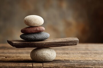 Balanced stones on rustic wood, serene setting
