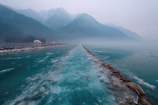 A misty mountain lake scene with a long, partially ice-covered causeway extending into the distance