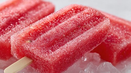 Delicious, refreshing watermelon popsicles are arranged on a bed of ice. The popsicles are a vibrant red color and look juicy and perfect for a hot summer day.