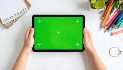 Digital tablet in child’s hands with green screen 
