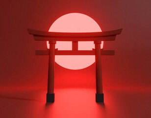 Red minimalist torii gate against a sunset