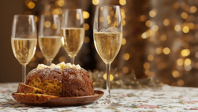2026 New Year's Eve Party setting with glasses filled with sparkling wine and cake wooden table ai generative