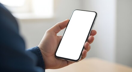 Hand holding smartphone with blank white screen, isolated mockup template for app, website, or UI design presentation