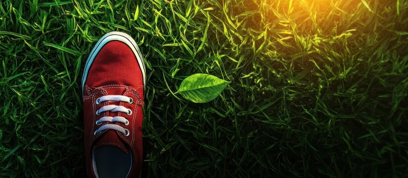 Red shoe on vibrant green grass with a single leaf and sunlight shining down - Powered by Adobe