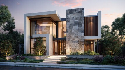 Fototapeta premium A stunning modern house with an elegant design, perfect for a luxurious lifestyle, architectural and landscape combination at dusk. The design has glass windows, stone textures.