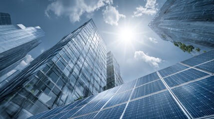 Sustainable city with solar panels, energy-efficient buildings, and bright sun