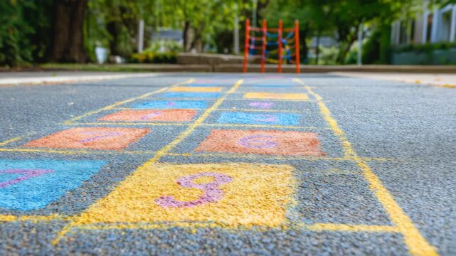Colorful hopscotch game on playground pavement under trees with ladder in background