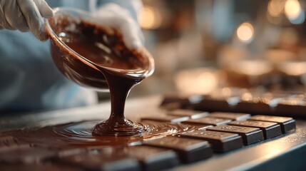 A close-up view of a skilled hand pouring melted chocolate into molds, capturing the artisanal process