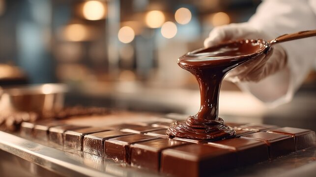 A person meticulously pouring melted chocolate onto a rectangular mold, highlighting the rich color and glossy texture of the liquid chocolate.