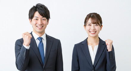 明るくて元気な男女の新入社員 白背景 AI生成画像