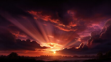 Obraz premium A breathtaking sunset with dramatic rays piercing through the clouds, creating a stunning and vivid skyscape. The light and colors blend beautifully, offering a sense of awe and wonder.