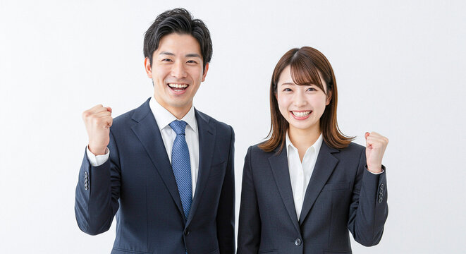 明るくて元気な男女の新入社員 白背景 AI生成画像