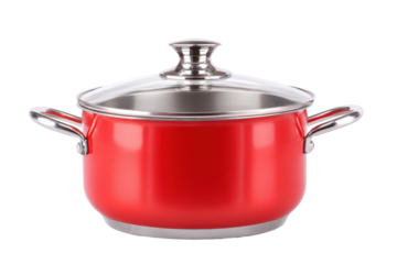Red Stainless Stock Pot with Glass Lid on Transparent Background