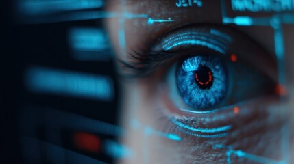 Cybernetic Gaze: An extreme close-up of a human eye, overlaid with holographic data, symbolizing advanced technology and surveillance. Generative Ai