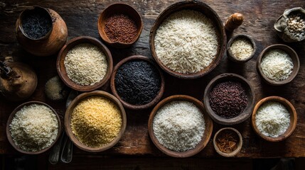 An array of rice grains displayed in an assortment of bowls, representing diverse culinary options