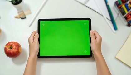 Digital tablet in child’s hands with green screen
