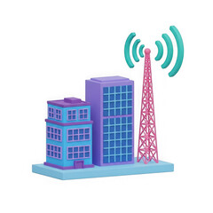 3d rendering of a telecommunication tower and modern buildings, isolated on transparent background