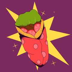 Colorful wrap packed with lettuce, tomatoes, and meat, wrapped in patterned paper with a starburst highlight on a purple background.