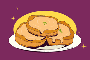 Plate of breaded cutlets topped with creamy sauce and herbs, presented in a bold pop-art food style.